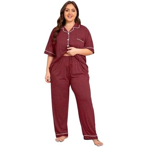 Vozanet Women Plus Size Pajamas Button Down Rayon Softness PJS Classic Sleepwear Short Long Loungewear 2pcs with Pockets