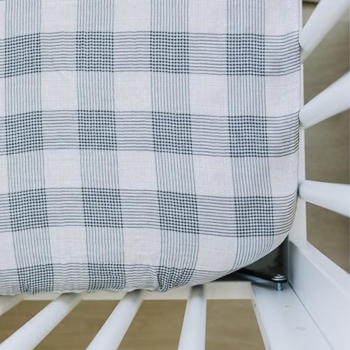 Coastal Plaid Muslin Crib Sheet by Mebie Baby, Soft and Breathable Bed Sheets for Babies, Modern Neutral Bedding for Cribs, Standard Crib Mattress Fitted Sheet, Great for Boy or Girl Room or Nursery