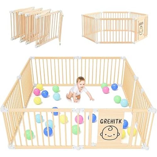 Wooden Baby Playpen, Foldable Large Fence and Play Yard for Toddlers, Adjustable Shape & Size, Safety Gate With Locking Door, Kids Activity Center