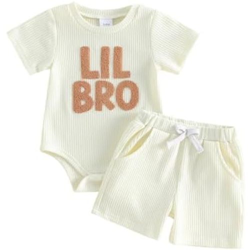 MERSARIPHY Baby Boy Clothes Little Brother Newborn Outfit Summer Letter Embroidery Waffle Knit Short Sleeve Romper Shorts Set