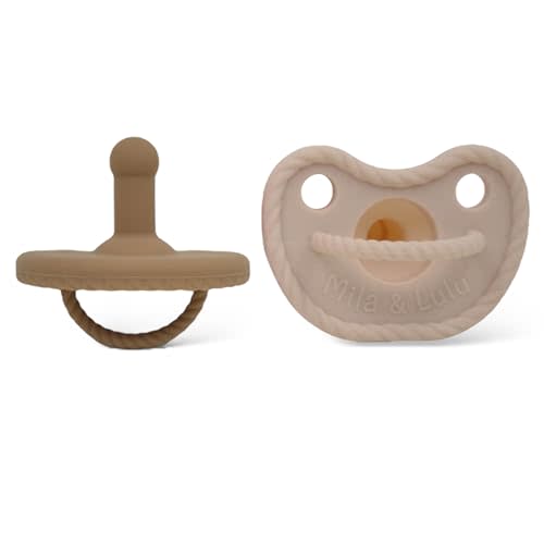 Mila & Lulu Round Silicone Pacifiers (Set of 2) – 100% Food-Grade, One-Piece Design, Soft Round Nipple, Airflow Shield, Multi-Use Pacifier & Teether for Newborns and Infants 0+ Months - Beige/Hazel