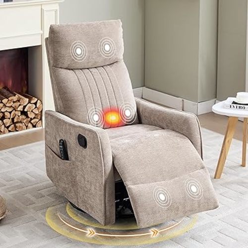 Manual Swivel Rocker Recliner Chair for Adults, Overstuffed Glider Chair for Nursery with Massage and Heat, Living Room Reclining Chair, Fabric Khaqi