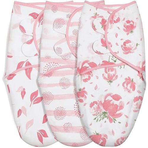 GLLQUEN BABY Girl Swaddles 0-3 Months - 3 Pack Baby Swaddles Sack for Newborn, Infant Sleep Sack, Easy Swaddling Wrap, A Pink Floral, Nursery Swaddle Blankets Essentials