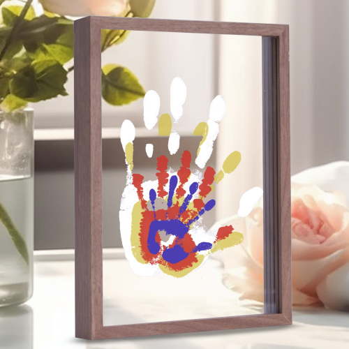Family Handprint Kit, DIY Craft Keepsake Wood Frame, Endless Gift Set, 4 Transparent Sheets - Brown