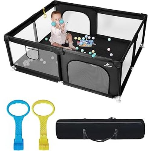 Baby Playpen with Mat, 71" x 59" Extra Large Play Yard for Babies and Toddlers, Baby Fence with Soft Thick Play Mat, Indoor Safety Activity Center for Infants, Easy to Assemble and Clean（Black）