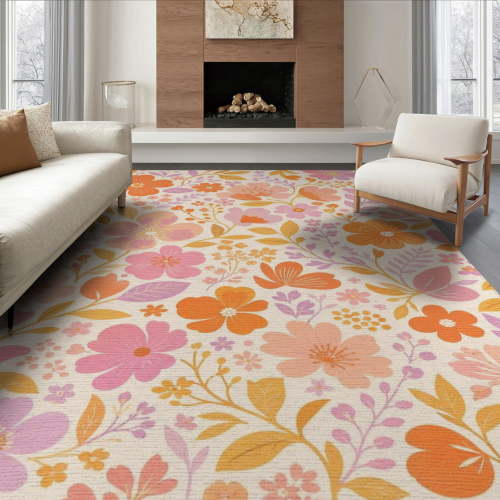 ODIKA 6'x9' Pink Orange Blossom Harmony Decorative Washable Area Rug Elegant Floral Patterns with Lush Botanical Motifs for Family Room, Living Mater Bedroom, Non-Slip, Easy Care