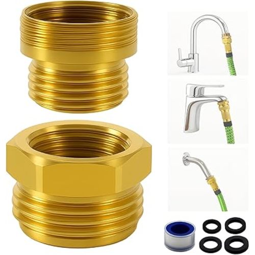 Shower Hose Adapter and Faucet Adapter Kit, Brass G1/2" Female, 55/64"-27 Female, and 15/16"-27 Male to 3/4" GHT Male Garden Hose Connector, With Washer and PTFE Tape