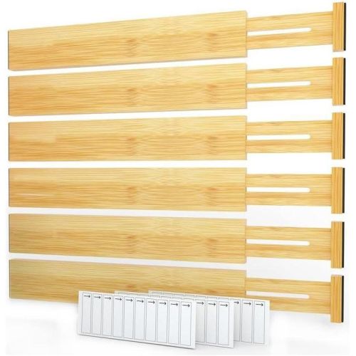 Set of 6 Bamboo Expandable Drawer Dividers with Labels (17-22 in)