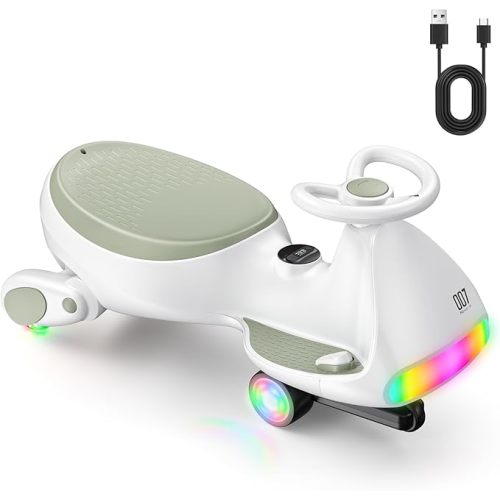 FanttikRide N7 Ultra Electric Wiggle Car, Ultra-Quiet Ride for Indoor Play, Type-C Rechargeable, 2 Speeds up to 4 MPH, LED Lights & Display, Ride-On Toy for Kids Ages 3+, Morandi Green