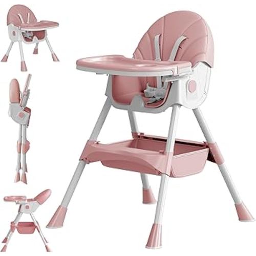 Baby High Chair, 5 in 1 High Chairs for Babies and Toddlers, Travel Foldable High Chair with Foot Rest, Detachable PU Cushion, Double Removable Tray, Adjustable Height & Recline