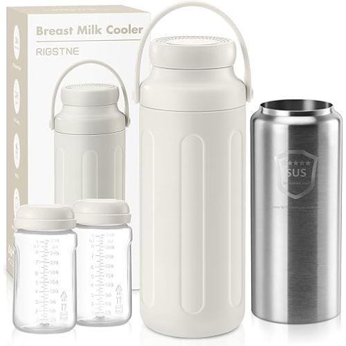 Portable Breast Milk Cooler - 19oz Breast Milk Cooler Bottle with 2pcs Baby Bottles, Breast Milk Chiller with Stainless Steel Ring Cooling for 24 Hours, Breastfeeding Essentials for Travel Outdoor