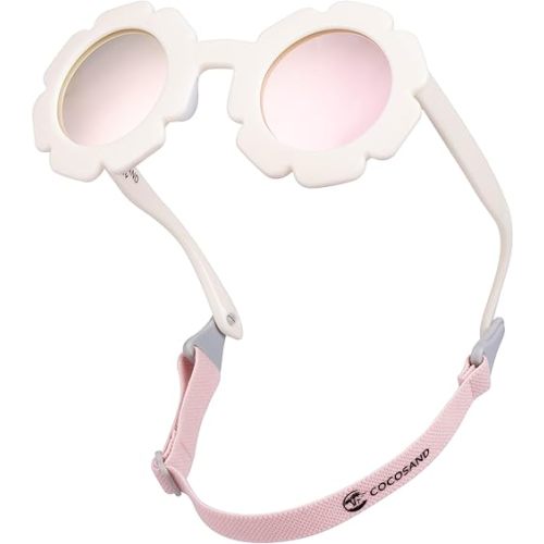 COCOSAND Toddler Sunglasses with Strap Polarized Lens Retro Flexible Flower Frame for Baby Kids Boys Girls Age 3-24 Months