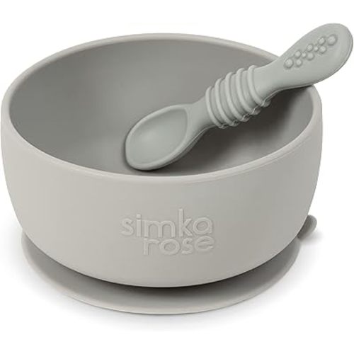 Simka Rose Baby Bowl and Spoon Set, Baby Bowls Suction for Toddler, BPA-Free Silicone Bowls Baby, Baby Bowl and Spoon Dishwasher and Microwave Safe Baby Feeding Supplies (Grey)