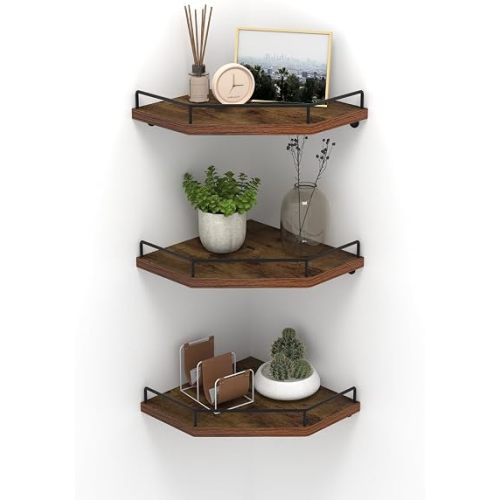 HORLIMER Set of 3 Floating Corner Shelf Wall Mount with Fence, Brown