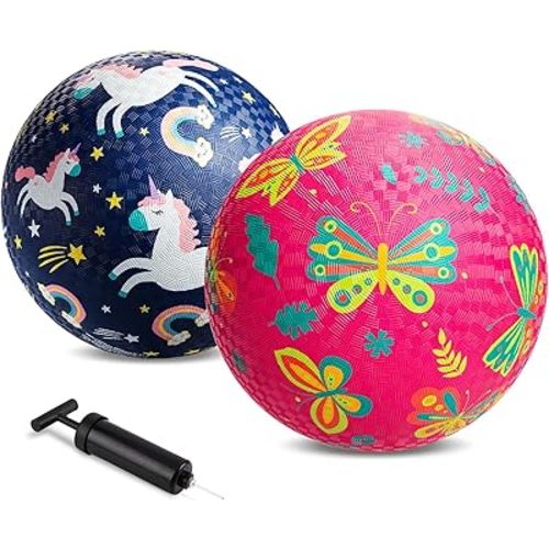 ZOOJOY Pack of 2 Cartoon Playground Balls, Balls for Toddler 3-12, 8.5" Rubber Ball Bouncy Kickball, Indoor & Outdoor Game Toys for Boys Girls with Pump