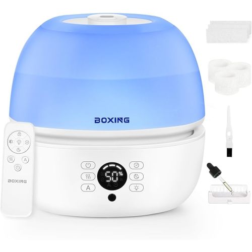 BOXING Top Fill Humidifiers for Bedroom Baby with Easy Remote, 20dB Quiet Cool Mist Air Humidifier for Large Room Home & Indoor Plants, 7 Color Night Light, Essential Oil Tray, Timer, Sleep Mode,3L