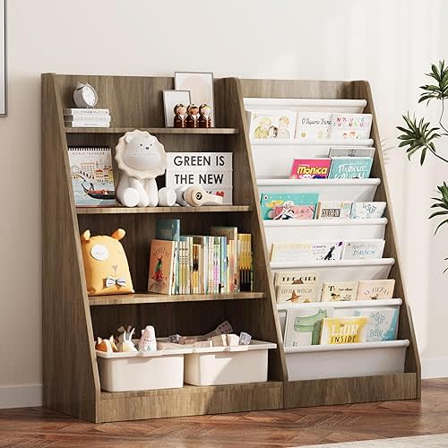 Kids Bookshelf Wood Toy Storage Organizer Cabinet Children Bookcase Toddler Baby Sling Book Rack Adjustable Shelf for Playroom Bedroom Nursery Hallway School Kindergarten