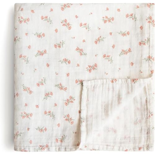 mushie Muslin Baby Swaddle Blanket | 100% Organic Cotton (Pink Flowers)