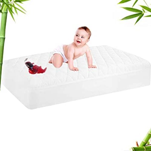 GRT 1 Pack Bamboo Waterproof Crib Mattress Protector, Cooling Quilted Baby Mattress Cover Fitted Deep Pocket from 4" up to 9", Extra Soft Breathable & Noiseless Toddler Mattress Pad 52"x28", White