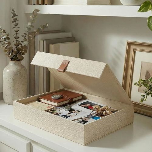 ZICOTO Decorative Photo Storage Box with Lid - Beautiful Linen Organizer