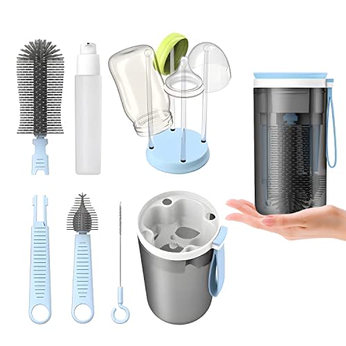 AivaToba Travel Baby Bottle Brush Set, Baby Bottle Cleaning Set with Portable Drying Rack, Silicone Bottle Brush, Nipple Brush, Straw Brush, Soap Dispenser, Gift for New Moms-Blue