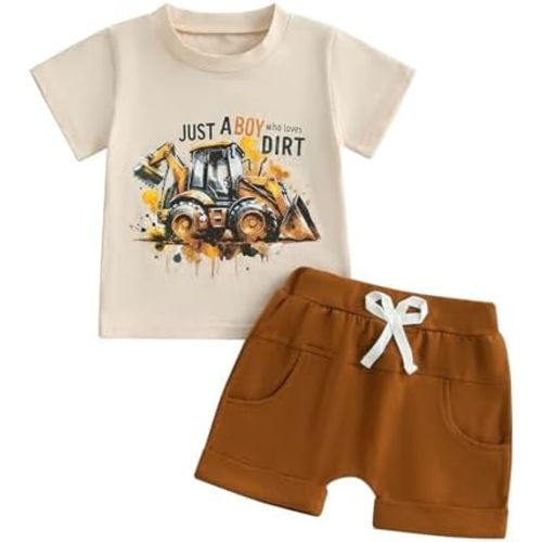Toddler Baby Boy Clothes Summer Short Sleeve Trucks Tractors Print T-Shirt Tops Solid Color Shorts Set Casual Outfit