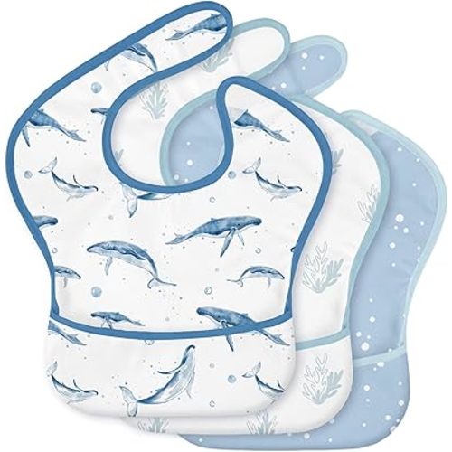 3-Pack Waterproof Baby Bibs for Eating - Mess Proof Lightweight Toddler Feeding Bibs with Large Food Catcher, Food-Grade Baby Eating Essentials, Easy to Put On & Clean(Blue Ocean Whale)