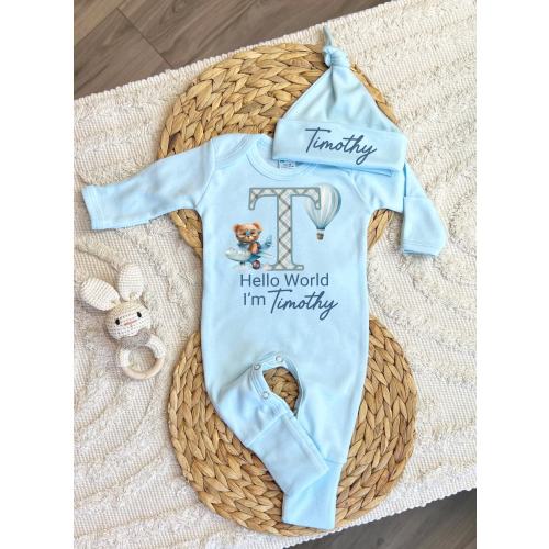 Personalized baby boy coming home outfit, romper hat set, newborn baby hospital outfit, hello world custom name outfit, baby shower gift