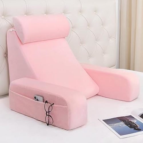 ENITYA 19" Back Support Pillow,Reading Pillow with Built-in Arms & Large Pockets, Removable Washable Cover, Wedge for Sitting,Reclining,Watching TV,Post Surgery in Bed,Couch or Floor,Medium Firm,Pink