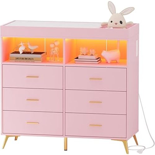 Baby Changing Table Dresser, Baby Nursery Dresser with 6 Drawers, LED Light & Power Outlet, Modern Baby Diaper Station with Changing Table Top for Bedroom, Pink