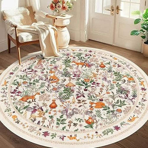 nesrt Fantasy Fox Round Area Rugs for Living Room 6ft Non Slip, Botanical Animal Print Bedroom Circle Rugs, Washable Forest Circle Area Floor Carpet for Dining Room Nursery Playroom (Beige)