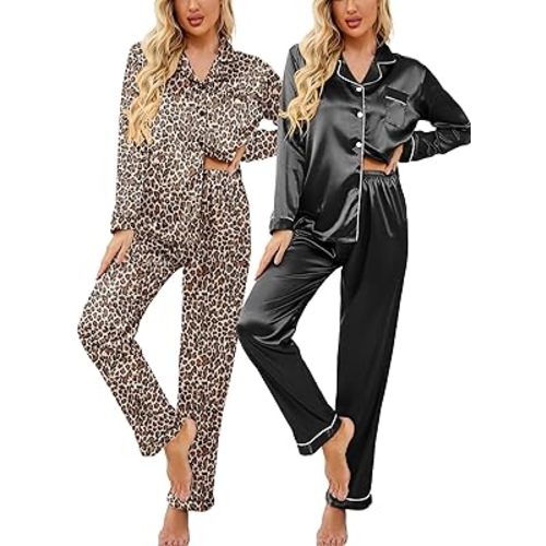 Ekouaer 2 Pack Satin Pajamas Set for Women Classic Button Down Silk Pjs Set Soft Sleepwear
