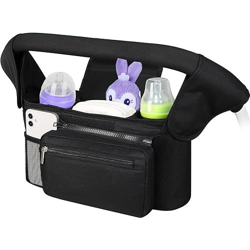 Abizarch Universal Pram Caddy Bag Stroller Organizer Caddies Accessories with Insulated Cup Holder Detachable Phone Bag and Shoulder Strap,Fits Uppababby Doona Baby Jogger and More