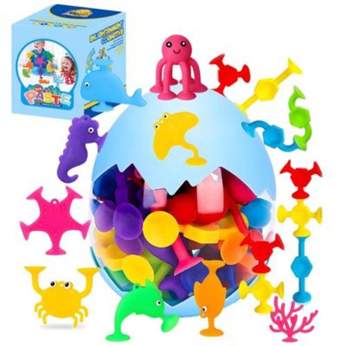 Etokfoks 27 pcs suction bath toys geometric shapes and sea animal sensory set for kids ages 3 and up mold free silicone bathtub toy