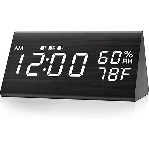Digital Alarm Clock, with Wooden Electronic LED Time Display, 3 Alarm Settings, Humidity & Temperature Detect, Wood Made Electric Clocks for Bedroom, Bedside (Black)