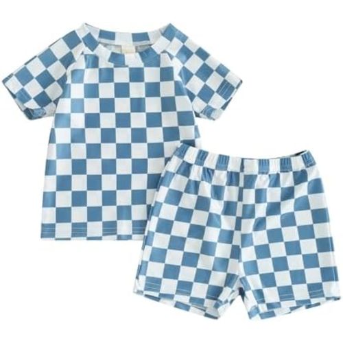 Toddler Baby Boy Two Piece Swimsuit Set Checkerboard Short Sleeve Rashguard Swimwear Bathing Suit Sunsuit Beachwear