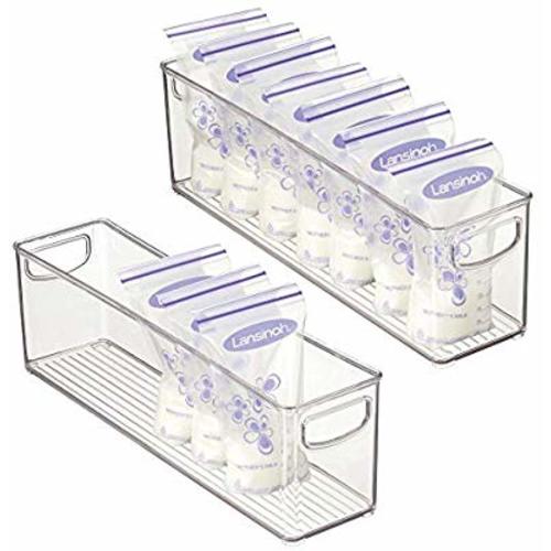 mDesign Baby Food Kitchen Refrigerator Cabinet Pantry Storage Organizer Bin Handles Breast Milk, Pouches, Jars, Bottles, Formula, Juice Boxes - BPA Free, 16" x 4" x 5", Pack of 2, Clear