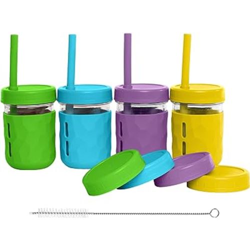Amazon.com: WeeSprout Glass Cups With Lids & Straws, Spill-Resistant Smoothie Jars for Toddlers & Kids, Baby Food Storage & Snack Containers, XL Silicone Straw, Easy-grip Sleeves, Set of Four, Dishwasher Safe : Health & Household