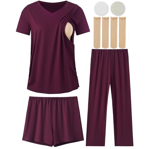 DANSHOW 5 Piece V Neck Maternity Nursing Pajamas Set Postpartum Pjs Breastfeeding Sleepwear, Nursing Breast Pads & Socks