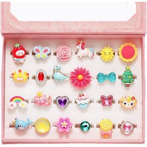 PinkSheep Little Girl Jewel Rings in Box, Adjustable, No Duplication, Girl Pretend Play and Dress Up Rings (24 Lovely Ring)