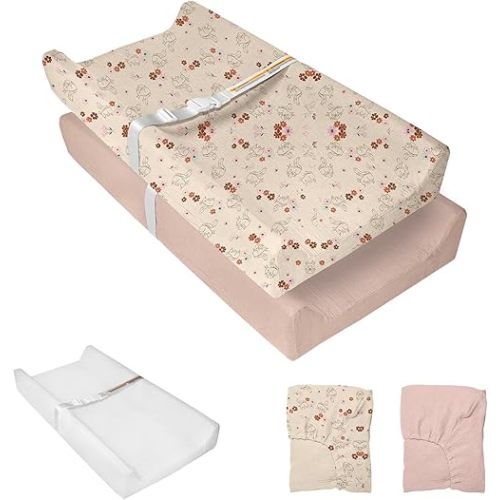 Muslin Baby Changing Pad, 2 Pack Muslin Soft Cotton Covers & Waterproof Lining Foam Diaper Changing Table Pad 32" x 16.6" Mat for Dressers