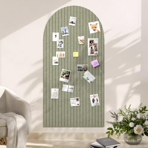 Large Arched Felt Bulletin Board, 48"x24", Sage Green | Cork Board Alternative, 3 Foldable Adhesive Tiles, 50 Push Pins, Office Wall Decor, Pin Boards for Pictures & Photos Display