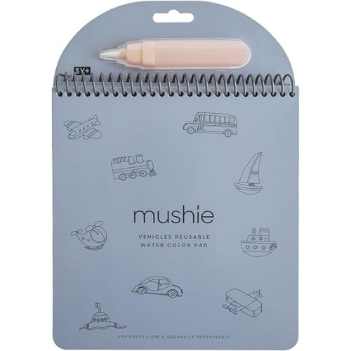mushie Vehicles Reusable Water Color Pad | Montessori Travel Activity Book with Planes, Trains, and Cars + Refillable Brush for Toddlers 3 Years+