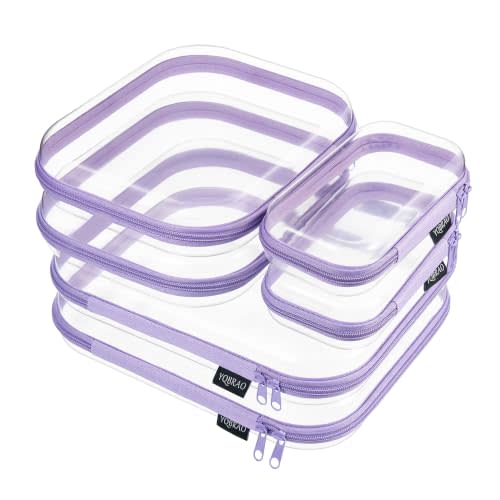 YQBRAO Clear Hard Shell Zipper Cases, 6 Multi-Size Organizers, Purple | Rigid clear shells in three practical sizes organize toiletries, cosmetics, cables, stationery and household essentials