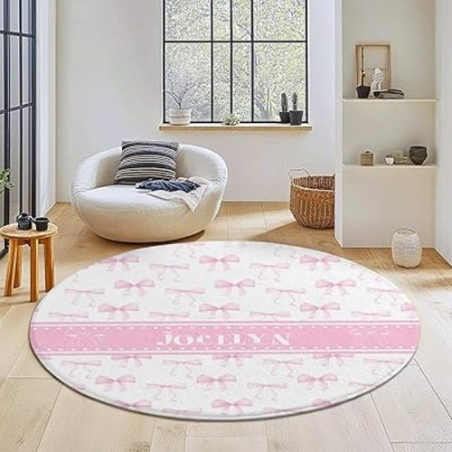 Ribbon Bows Custom Name Rugs for Living Room Bedroom Pink Personalized Area Rugs Shag Carpet for Nursery Kids PlayRoom Dorm Office Indoor Carpets Girls 120CM