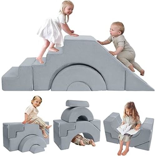 MeMoreCool Modular Kids Sofa – Convertible Foam Couch with Slide & Stair, Playroom & Bedroom Sectional Child Furniture | Soft Washable Cover | Ages 3+ | Grey