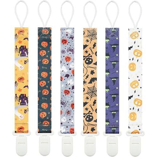 Halloween Pacifier Clips, 6 Pack Binkie Paci Holder Clips for Boys and Girls Fits for Most Pacifiers, Teethers & Toys and Holiday Gift(Bone,Skull,Ghost,Pumpkin)