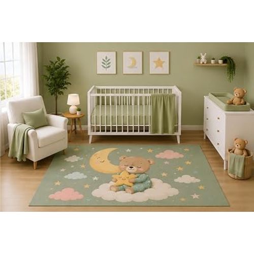 ICE ARMOR 5' x 7' Teddy Bear Moon and Star Area Rug for Nursery Room, Sage Green Pastel Clouds Baby Bedroom Decor, Non-Slip Silicone Backing Low Pile