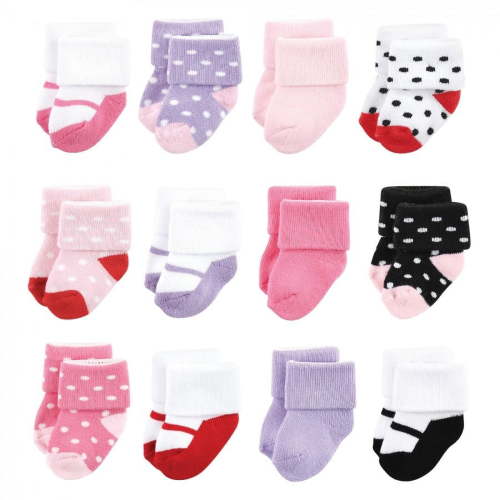 Luvable Friends Baby Girl Newborn and Baby Terry Socks, Coral Lilac Mary Janes 12-Pack, 6-12 Months
