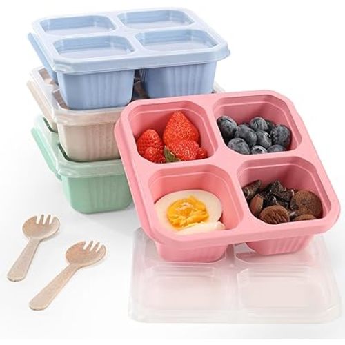 DIMBRAH Snack Containers (4 Pack), Reusable 4 Compartment Snack Box, Small Bento Box, Lunchable Containers for Work and Traveling - With Forks